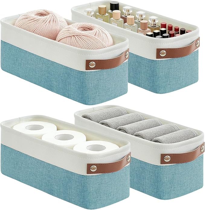 Bagnizer Small Fabric Storage Baskets, 15x6x5 inch Narrow Storage Bins 4-Pack Long Storage Basket for Organizing with Handles, Decorative Basket for Closets, Shelves, Toilet Paper, Teal by Bagnizer