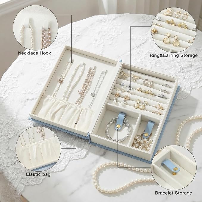 CASEGRACE Jewelry Box Organizer PU Leather Diary Jewelry Box with Magic Book Design Jewelry Case for Earrings Bracelet Necklace Rings Storage for Women, Blue - Image 3