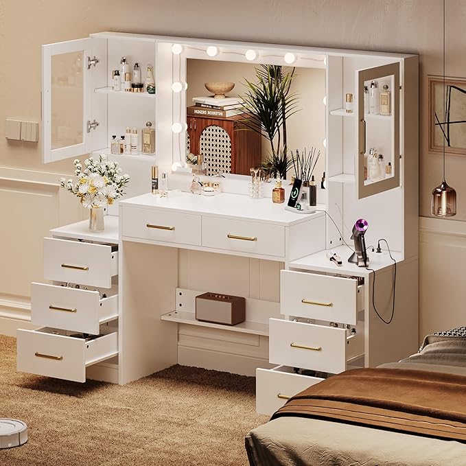 UGTOO 58.3" Large Vanity Desk with Mirror & Lights, Makeup Vanity with 10 LED Lights, 8 Metal Sliding Drawers & 2 Cabinets, White Vanity Set with Power Outlet &3 Lighting Modes Without Stool