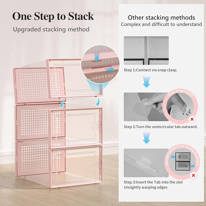 Kuject X-Large Shoe Storage Boxes Organizers Clear Plastic Stackable 12 Pack, Shoe Rack & Holder Substitute, Sneaker Containers, Toy Storage Organizer Bins for Entryway, Closet, Under Bed, Pink - Image 4