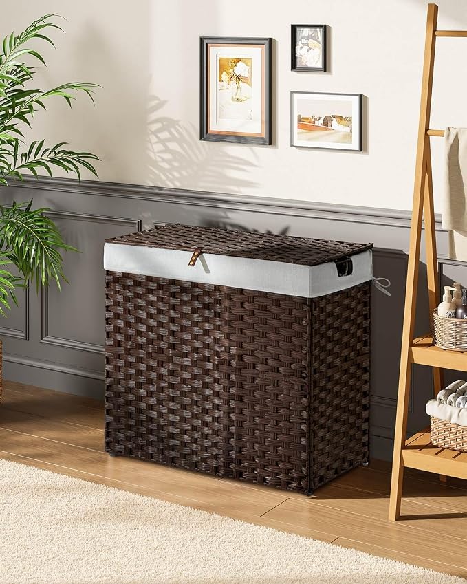 Greenstell Laundry Hamper with lid, No Install Needed, 130L Wicker Laundry Baskets Foldable 2 Removable Liner Bags, 2 Section Clothes Hamper Handwoven Rattan Laundry Basket with Handles, Brown - Image 2