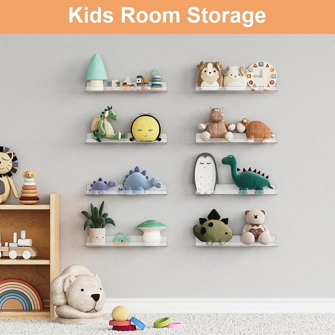 upsimples 16 Pack Acrylic Shelves for Wall Storage, 15" Floating Bookshelves for Kids, Display Shelf Organizer for Bathroom, Bedroom, Living Room, Kitchen, Room Decor, Clear - Image 8
