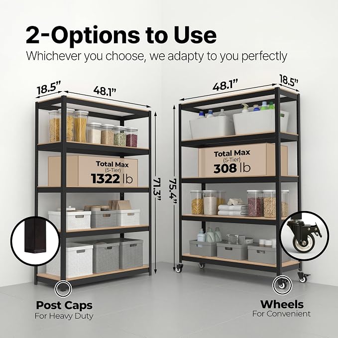 HOMEDANT House 48.1" 5-Tier Metal Rolling Cart Shelf Rack Casters Heavy Duty Laminated Wheel Shelving Unit Adjustable Utility Storage Shelves Shelf Kitchen Garage Black 2Pack - Image 2