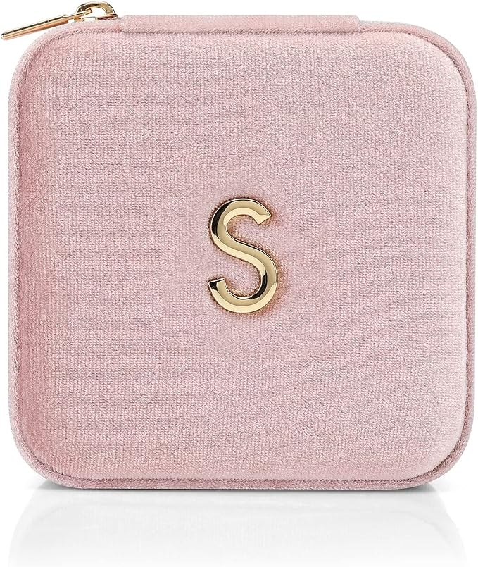Vlando Small Travel Jewelry Box Organizer Display Case for Rings Earrings Necklaces Storage, Selected Soft Velvet, Letter S Engraved, Pink - Image 6