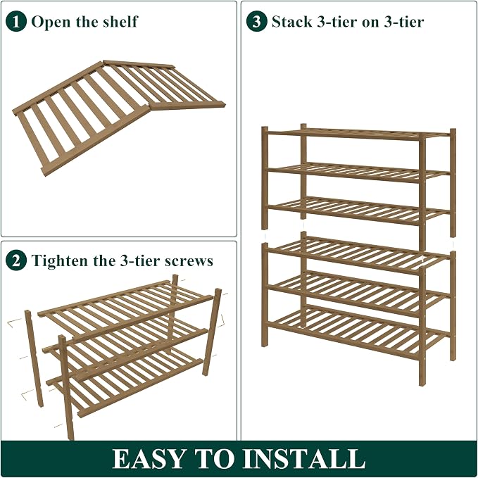 Smiry Bamboo Shoe Rack for Closet, 6 Tier Wooden Stackable Shoe Organizer, Free Standing Shoes Storage Shelf for Entryway, Front Door Entrance, Walnut - Image 6