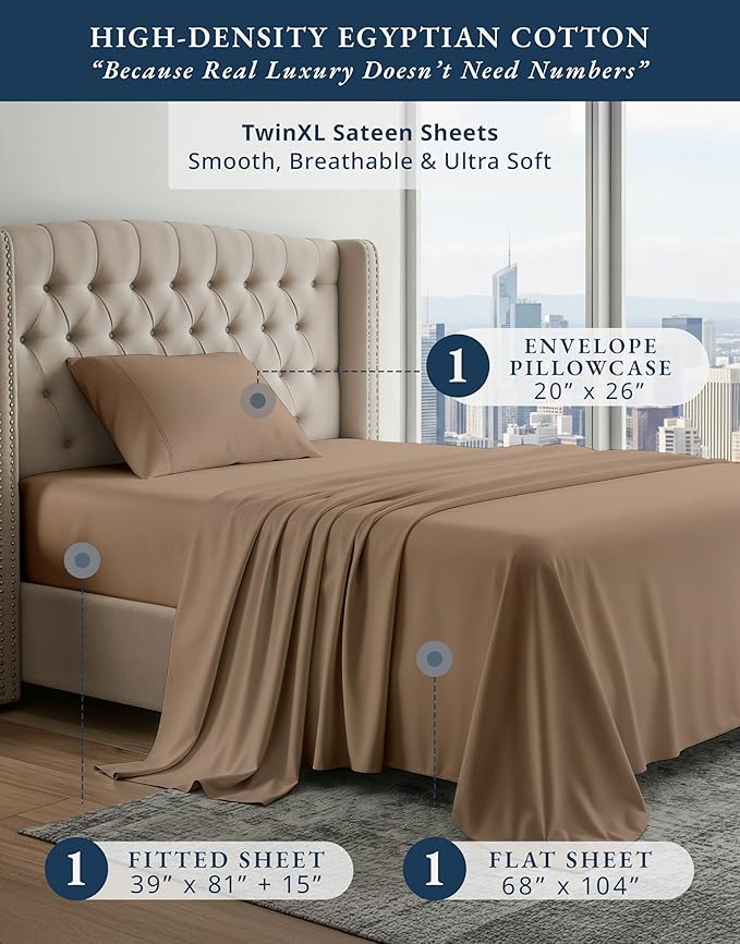 LANE LINEN Luxury 100% Egyptian Cotton Extra Long Twin Sheets for Hospital Bed, Eo Friendly Oeko-Tex Certified No Pill Fade Resistant Machine Washable Cotton Bed Sheet -Taupe