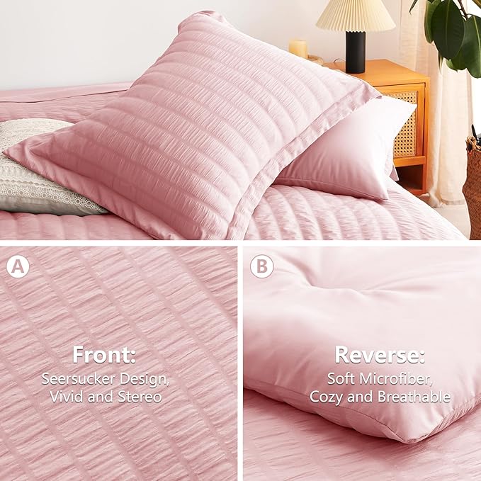 CozyLux King Size Comforter Set Pink Seersucker 7 Pieces Bed in a Bag King Comforter Set with Sheets, Luxury Soft Bedding Sets with Down Alternative Comforter, Sheets, Pillowcases & Shams All Seasons