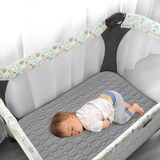 Pack and Play Sheets Fitted Quilted Waterproof Protector, 2 Pack Playard Mattress Pad Compatible with Graco Pack n Play, Mattress Cover fits for Baby Playpen Mattress, Mini Crib, Gray & White