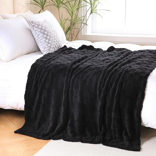 Black Fleece Throw Blanket 108”×90” for Couch Sofa Bed,Super Soft Cozy Plush Microfiber Flannel Blanket with 3D Checkered Design Lightweight for Adults,Woman,Girls