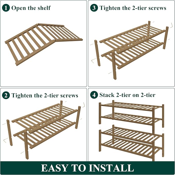 Smiry Bamboo Shoe Rack for Closet, 4 Tier Wooden Stackable Shoe Organizer, Free Standing Shoes Storage Shelf for Entryway, Front Door Entrance, Walnut - Image 6