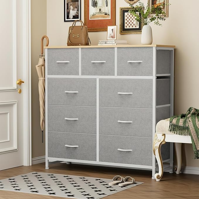 Sweetcrispy 9 Drawer Fabric Dresser Storage Tower with Wood Top and Steel Frame, Organizer Chest with Easy Pull Handles for Bedroom, Closet, Hallway,Light Gray - Image 2