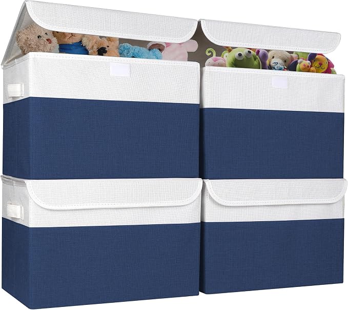 Bagnizer Large 22 Quart Linen Fabric Foldable Storage Bin Cube Organizer Basket with Flip-Top Lid & Handles, Clothes Blanket Box for Home, Office, Closet, Navy Blue & White, 4 Pack 14.6 x 9.5 x 9.5 by Bagnizer