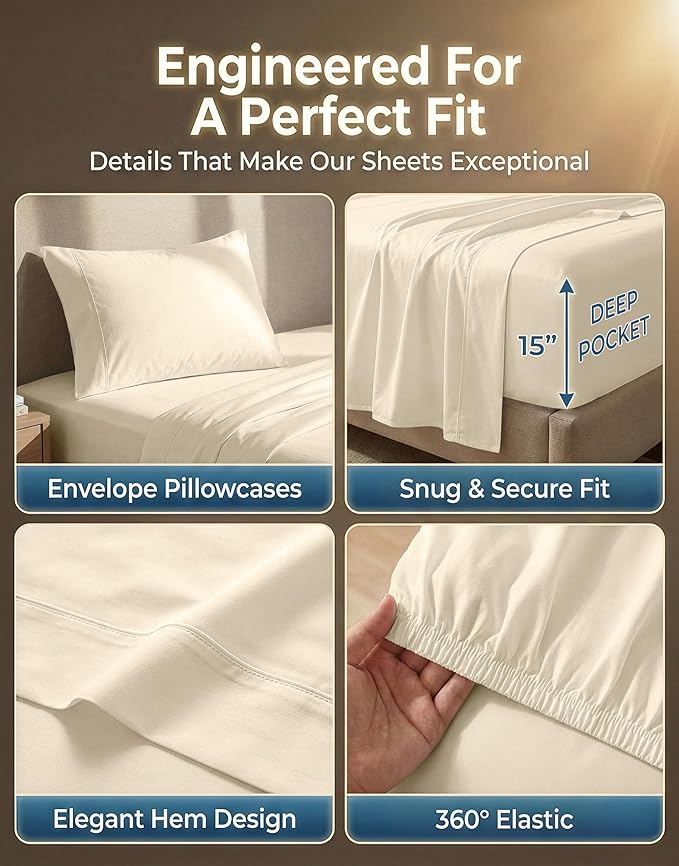 LANE LINEN Twin XL Sheets Set - 600 Thread Count Sateen Weave for Hotel Quality Luxury - Breathable & Very Easy to Care Cotton Sheets Set for College Dorms - Oeko Tex Certified - Ivory