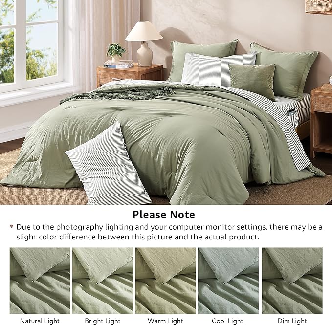 Monbix Super King Plus Size Comforter Set - 7 Pieces Green Prewashed Bed in a Bag Bedding Sets with Comforters, All Seasons Ultra Soft Comforter Bed Set with Sheets, Pillowcases & Shams