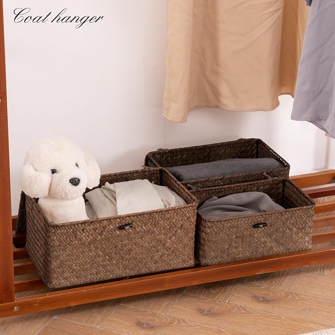 Nonam Seagrass Storage Baskets with Lid Set of 3,Wicker Basket Storage Bin for Shelves,Rectangular,Boho Decor,Handwoven Shelf Basket for Organizing-Storage Container Box for Home Organization-Coffee - Image 8