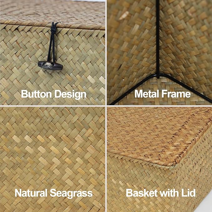 Wicker Basket with Lid, Natural Seagrass Storage Baskets for Organizing, Woven Basket for Storage, Decorative Boxes Bins with Lids Home Organizer Decor (‎Natural, Small) - Image 7