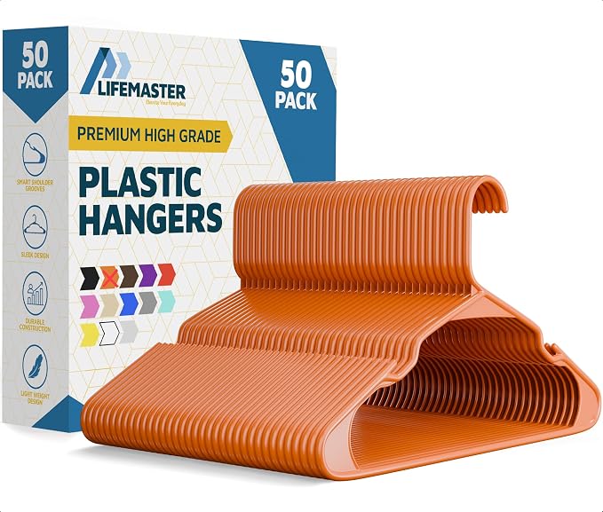 Lifemaster Plastic Clothes Hangers – Heavy Duty Hanger Set, for Organizing Clothes, Dresses, and Coat, Holds Up to 5 lbs, Space-Saving Hangers with Non-Slip Shoulder Grooves, Pack of 50, Orange by LIFEMASTER