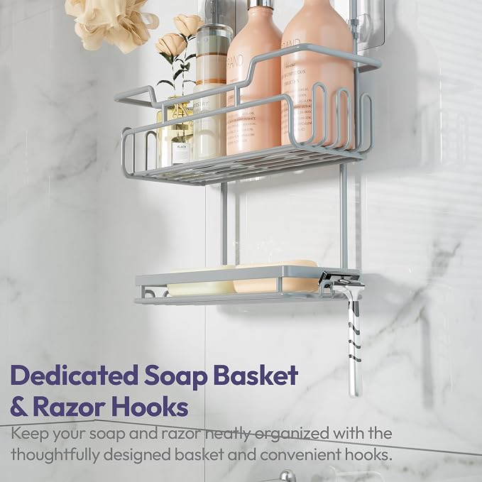 SWTYMIKI Bathroom Shower Caddy Hanging - 3 Tier Rustproof Over Shower Head Organizer, No Drilling Bathroom Shelf with 16 Hooks & Soap Holder, Anti-Swing Rack for Shampoo,Sponge,Towel, Silver, Medium - Image 5