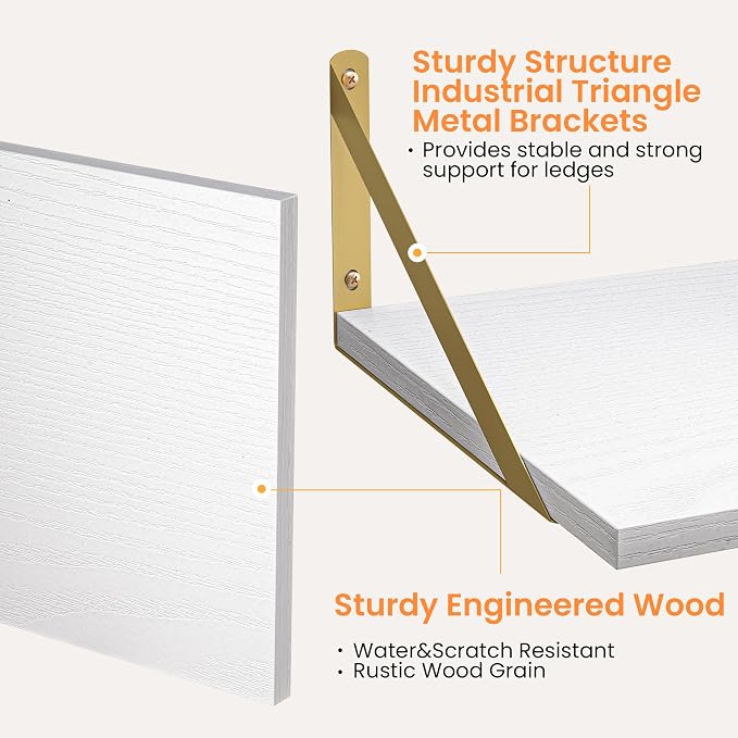 Heimlove Deep Floating Shelves for Wall, 16W x 12D Wood Wall Shelves Set of 2, Wide Floating Bookshelf for Living Room, Kitchen, Office, Bedroom and Decor Storage, with Golden Bracket - White & Gold - Image 4