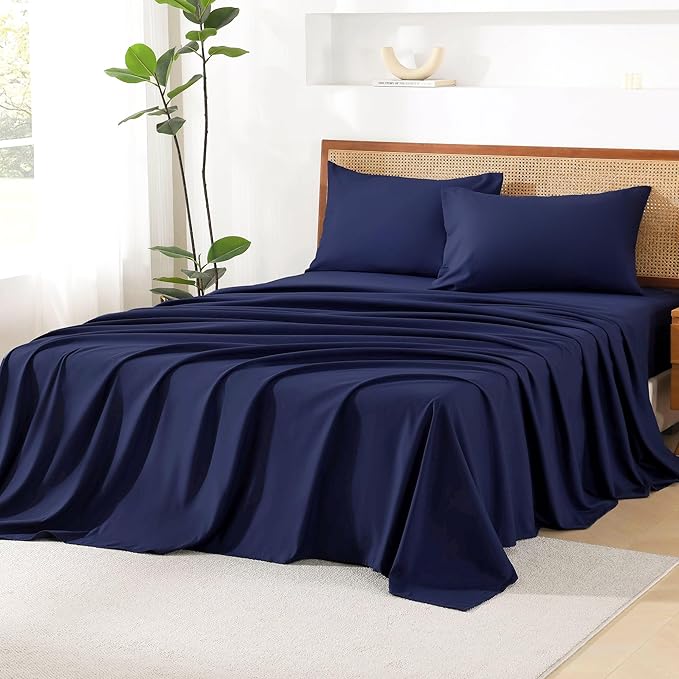 Litanika Full Size Comforter Set with Sheets Navy Blue - 7 Pieces Bed in a Bag Full Chevron Tufted Complete Bedding Sets with Comforter, Sheets, Pillowcases & Shams
