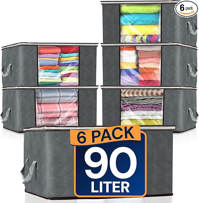 Reli. 90L Large Clothes Storage Bags (6 Pack) Closet Organizers and Storage Containers | Foldable Bins with Lids & Handles | Large Bags for Towels, Comforters, Blankets | Grey