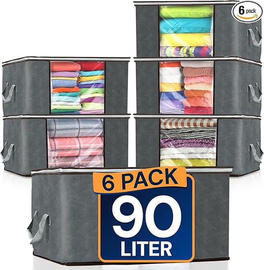 Reli. 90L Large Clothes Storage Bags (6 Pack) Closet Organizers and Storage Containers | Foldable Bins with Lids & Handles | Large Bags for Towels, Comforters, Blankets | Grey