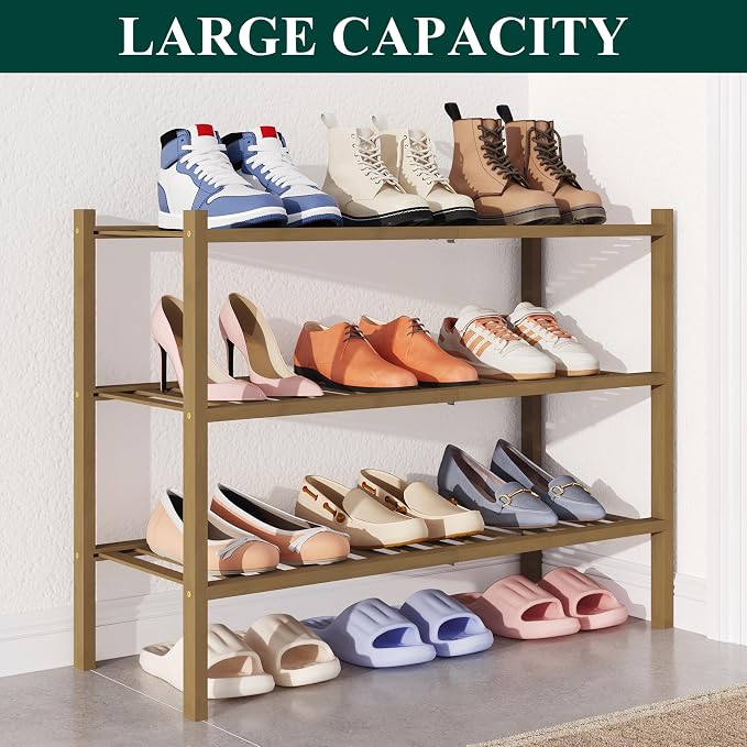 Smiry Bamboo Shoe Rack for Closet, 3 Tier Wooden Stackable Shoe Organizer, Free Standing Shoes Storage Shelf for Entryway, Front Door Entrance, Walnut - Image 5