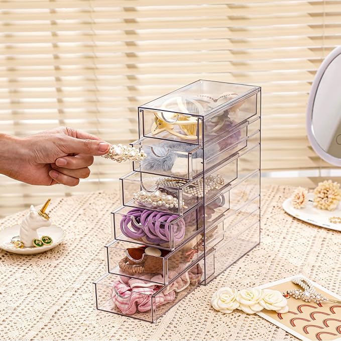 FABROK Clear Hair Accessory Organizer Box with 6 Drawers, Compact Storage Organization Drawers Set for Cosmetics, Glasses, Stationery, Stackable Storage Containers Box for Bathroom, Closet, Office - Image 2