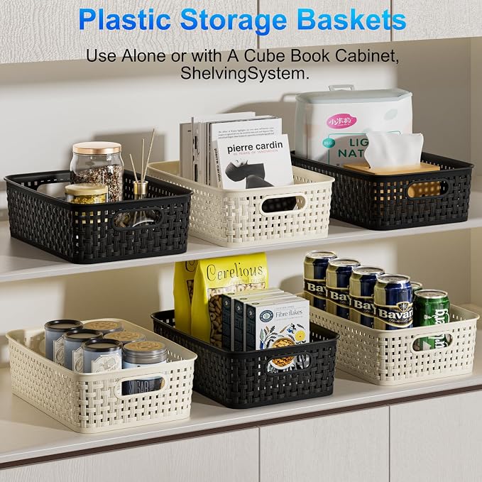 FUCDTEFC White Plastic Basket, 8 Pack Home Organization and Storage Baskets with Handles, Space Saving Woven Organizer Bins Plastic Storage Basket for Organizing Cabinets,Closets, Shelves, Countertops - Image 3