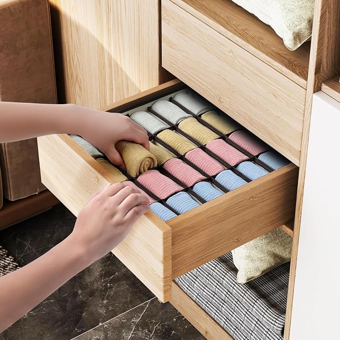 Joyoldelf Sock Drawer Organizer Divider Underwear Organizer 24-cell Fabric Dresser Drawer Organizers Storage Boxes for Socks Lingerie, Handkerchiefs, Ties 4 Pack (Beige) - Image 6