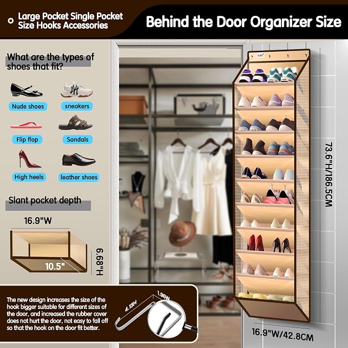 Kotkn 10 Tier Over The Door Organizer - Heavy Duty Hanging Storage Rack with Sturdy Oxford Fabric, Holds 20+ Pairs of Footwear, Boots & Sneakers, Saves 50% Closet Space(Beige) - Image 2