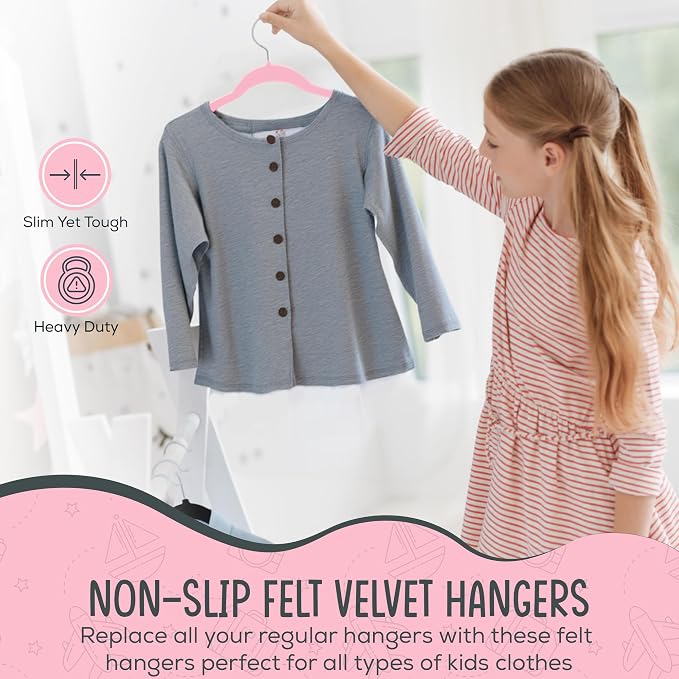 TechZoo 25 Premium Kids Velvet Hangers - 14" Non-Slip Clothes Hangers for Kids & Preteens - Ultra Slim, Space-Saving, Strong & Durable Hangers with 360° Swivel Hook - Pink - Image 4