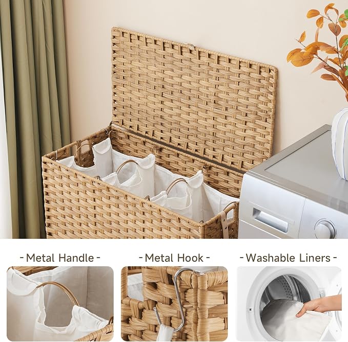 Laundry Hamper with Wheels, 34.3 Gallon(130L) Rolling Laundry Basket with Lid, 3-Section Rattan Clothes Hamper with 3 Removable Liner & 3 Mesh Bags, Laundry Sorter with Side Pocket, Natural - Image 6