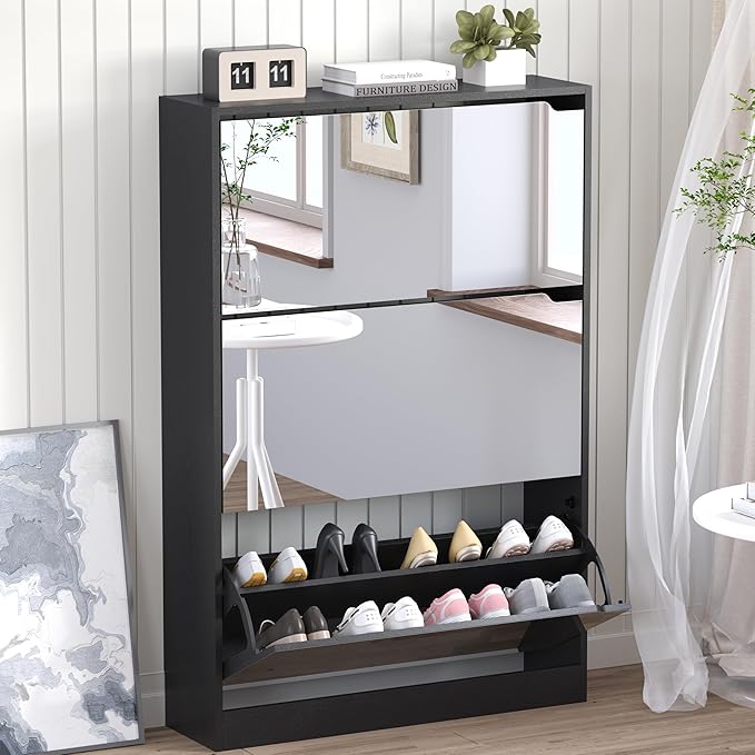 BORNOON Shoe Cabinet with 3-Flip Mirror Drawers, Freestanding Shoe Rack Organizer with Hidden Handle, Slim Narrow Shoe Storage Cabinet for Entryway, Entrance, Hallway, Bedroom by BORNOON