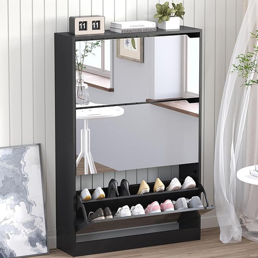 BORNOON Shoe Cabinet with 3-Flip Mirror Drawers, Freestanding Shoe Rack Organizer with Hidden Handle, Slim Narrow Shoe Storage Cabinet for Entryway, Entrance, Hallway, Bedroom by BORNOON