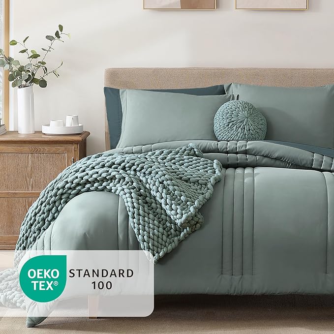 Monbix Oversized King Size Comforter Set - 7 Pieces Sage Green Bed in a Bag Oversized King Bedding Sets with Comforters, All Seasons Comforter Bed Set with Sheets, Pillowcases & Shams