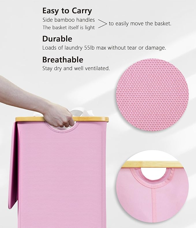 SUOCO Laundry Hamper with Lid, 29 Gal (110L) Clothes Basket with Bamboo Handles, Large Foldable Laundry Hamper for Bedroom, Bathroom, Dorm, Laundry Room - Pink - Image 7