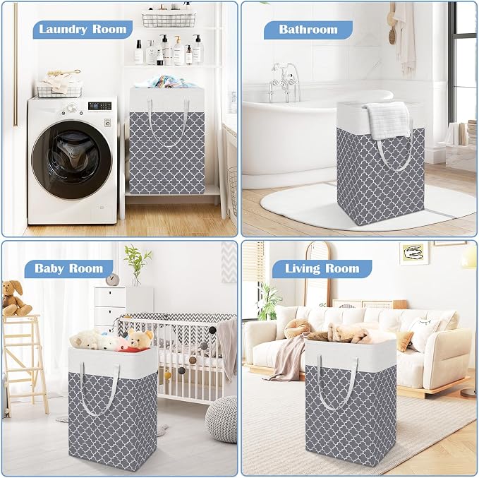 BlissTotes 3-Pack Laundry Basket, Freestanding＆Waterproof Laundry Hamper, Collapsible Tall Clothes Hamper with Easy Carry Handles for Clothes, Towels in the Family and Dorm,Clover Grey,100L - Image 6