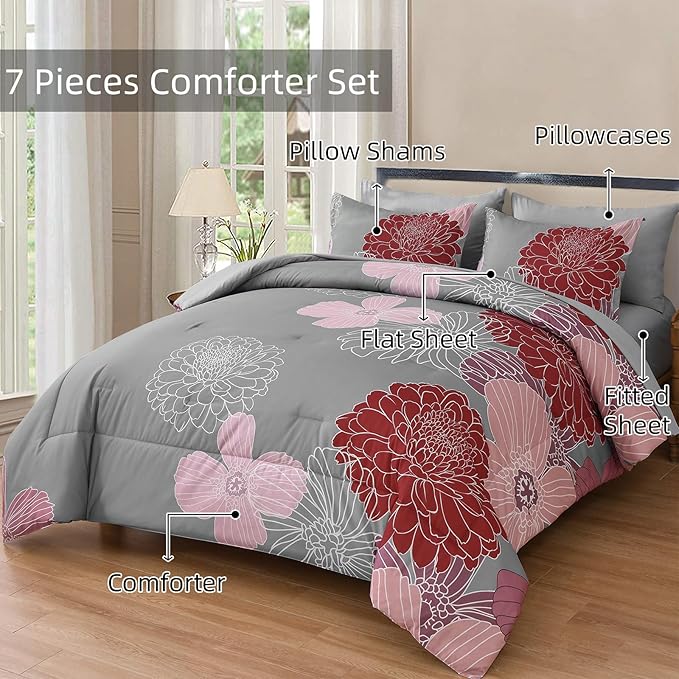 Yiran Bed in a Bag Queen Comforter Set 7 Pieces Burgundy Pink Red Floral Comforter Set Flower Soft Microfiber Bedding Set for All Season 90"×90"