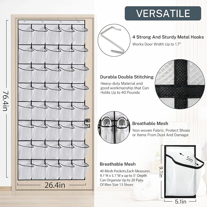 40-Pocket Over the Door Shoe Organizer - Large Mesh Pocket Hanging Shoe Organizer,Behind the Door Shoes Storage Holder Hanger (Pink) - Image 5