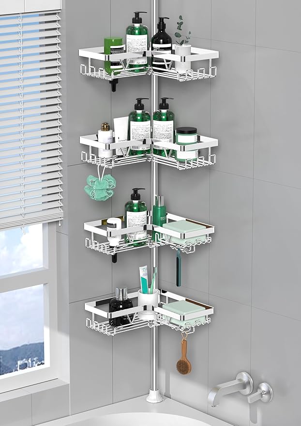 DAOYA Corner Shower Caddy Tension Pole - Chrome Tension Rod Shower Caddy Adjustable Shampoo Holder for Bathroom/Bathtub/RV, Stainless Steel, Floor to Ceiling 25-114.2 inch by DAOYA