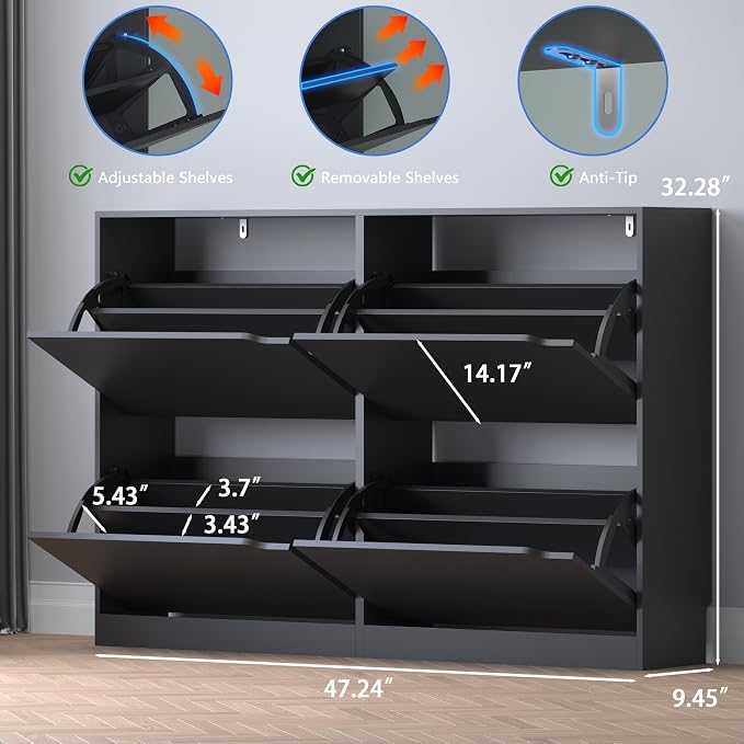 BORNOON Shoe Cabinet with 4 Flip Drawers, Narrow Hidden Shoe Storage Cabinet, Slim Freestanding Shoe Rack Organizer for Entryway, Hallway, Bedroom, Living Room - Image 2