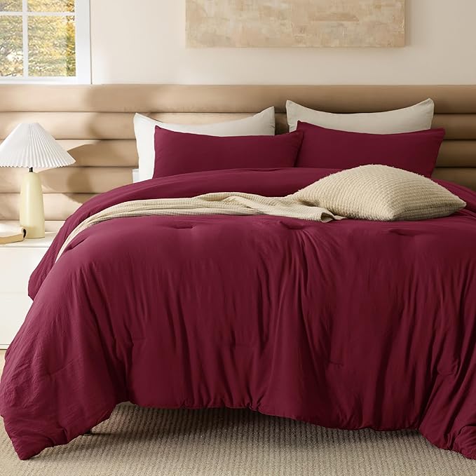 Bedsure Full Comforter Set, Dark Red Soft Prewashed Bedding for All Seasons, 3 Pieces GentleSoft™ Bed Set, 1 Lightweight Comforter (82"x86") and 2 Pillowcases (20"x26")