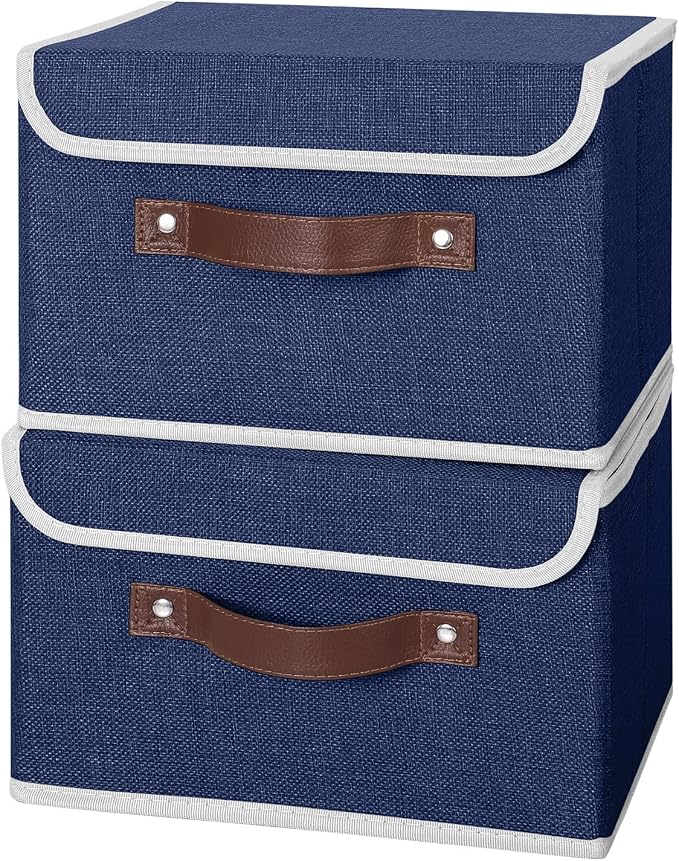ANMINY 4PCS Storage Bins with Lid PU Leather Handles Storage Boxes PP Plastic Board Decorative Foldable Lidded Cotton Linen Fabric Home Cubes Baskets Closet Organizer Containers - Blue, Small Size - Image 7