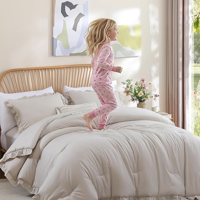 JANZAA Oatmeal Twin Ruffled Soft Twin Size Bed Set Vintage Farmhouse Bed Comforter Set Shabby Fluffy Bedding (1 Comforter Set and 1 Pillowcase)