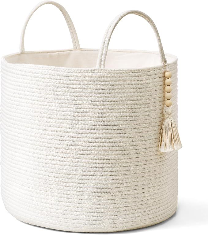 Mkono Woven Storage Basket Decorative Natural Rope Basket Wooden Bead Decoration for Blankets,Toys,Clothes,Shoes,Plant Organizer Bin with Handles Living Room Home Decor, White, 16" W × 13.8"L by Mkono