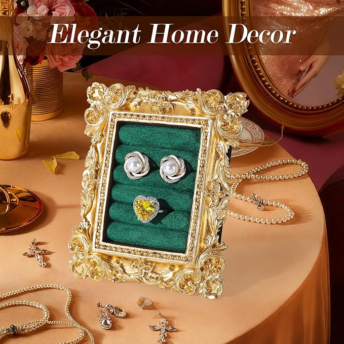 Vintage Ring Holder Rectangle Gold Velvet Display Stand - Baroque Jewelry Organizer Box Tray for Wedding Engagement Anniversary Women Birthday Christmas Gift Photograph Prop (MPF05-Gold Green) - Image 3