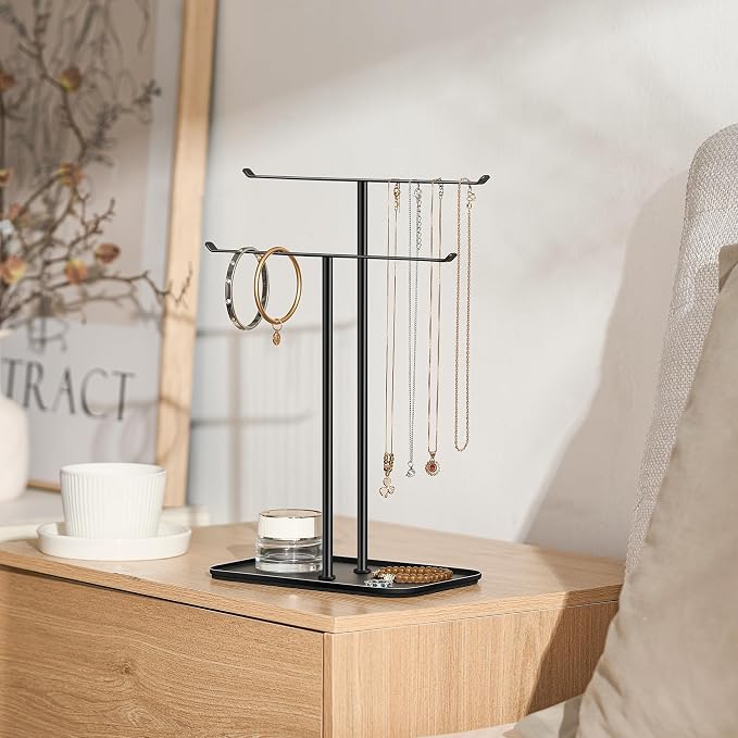 pickpiff Necklace Holder Jewelry Organizer Stand – 2‑Tier T‑Bar Jewelry Display Tree with Tray for Countertop Necklace Bracelet Earring Storage, Vanity Dresser Bathroom Sink, Black - Image 4
