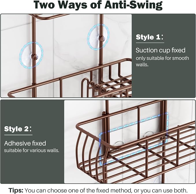 Epicano Shower Caddy Hanging, Anti-Swing Over Head Shower Caddy Rustproof with hooks for Towels, Sponge and more, Bronze - Image 6