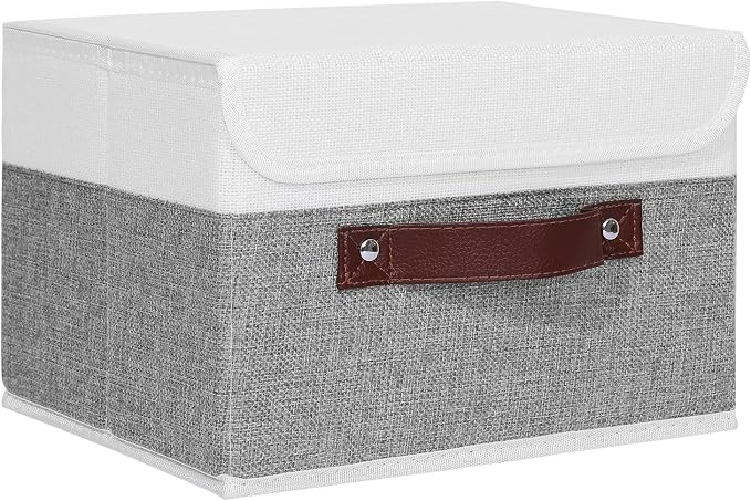 ANMINY Storage Boxes with Lids Washable Decorative Storage Bins Basket with PU Leather Handle Foldable Linen Fabric Storage Cubes Containers for Home Closet Organizer - Gray White, Small Size by ANMINY